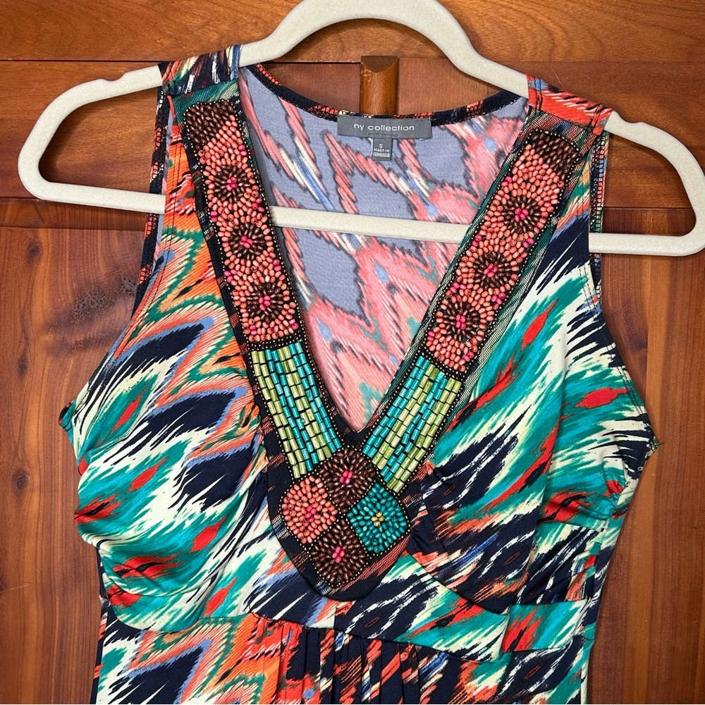 NY Collection Vintage Multicolor Zigzag Beaded Boho Maxi Sleeveless Dress Island - Picture 7 of 17